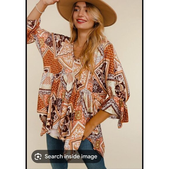 Haptics By Holly Harper Boho Patchwork Shark Bite Bottom 3/4 Sleeve Top - L - Picture 1 of 11